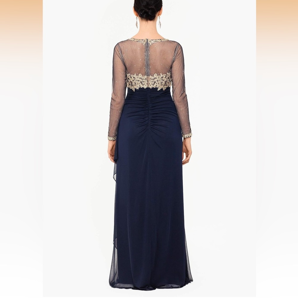 Xscape Navy and Gold Long Sleeve Gown - Picture 2 of 3